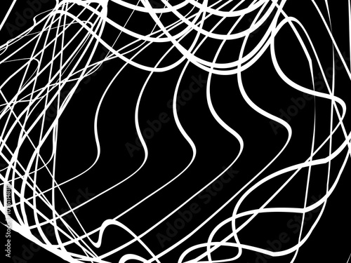 White tangled thread background. Circular abstract pen stroke vector illustration, on black background. Tangled scribbles hand drawn doodles. Vector illustration isolated on black background.