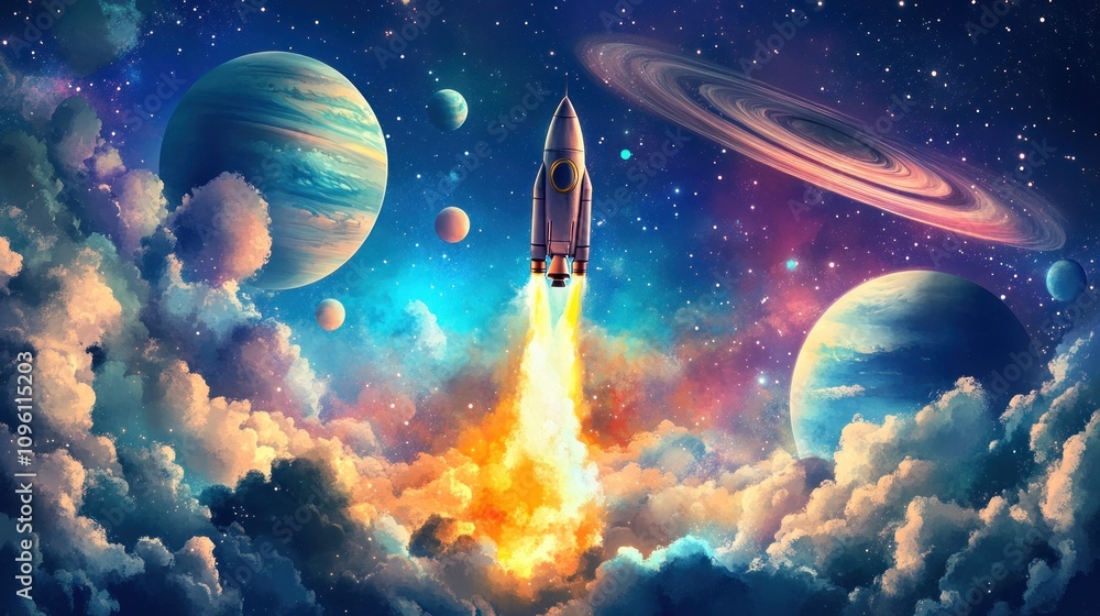 Fototapeta premium Whimsical Outer Space Scene with Rocket Launching Through Colorful Clouds into a Starry Galaxy