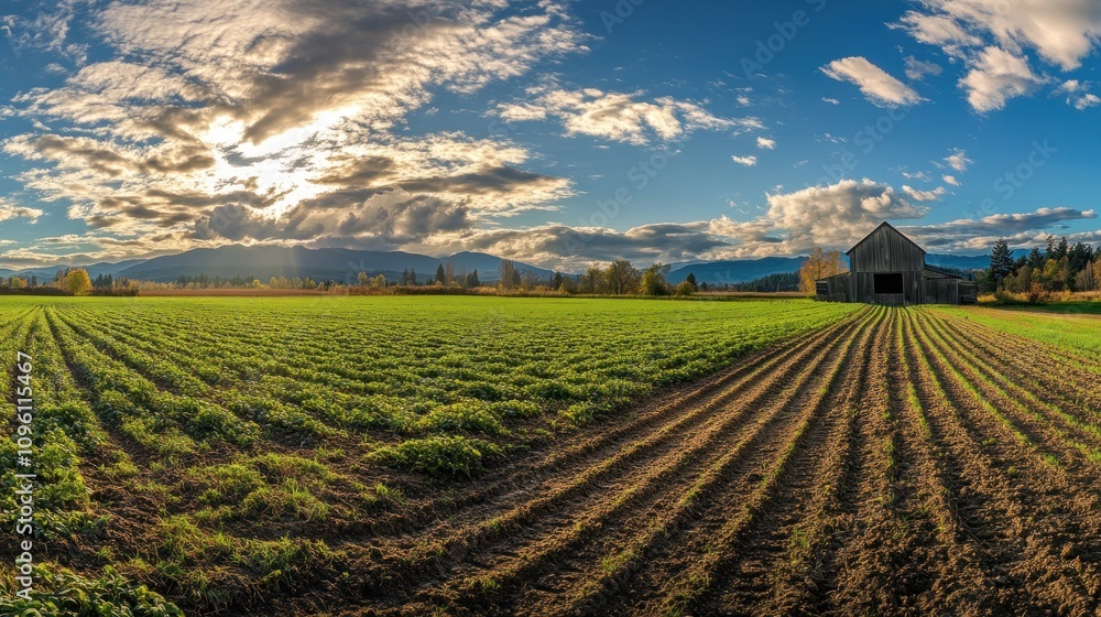 Obraz premium Barn in a Field with a Sunny Sky