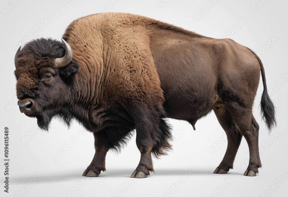 standard Buffalo right side view. Full figure visible, flat white background, no shadows, head and legs visible, ultra detailed, photorealistic 400mm lens, low angle standard Buffalo right side view. Full figure visible, flat white background, no shadows, head and legs visible, ultra detailed, photorealistic 400mm lens, low angle