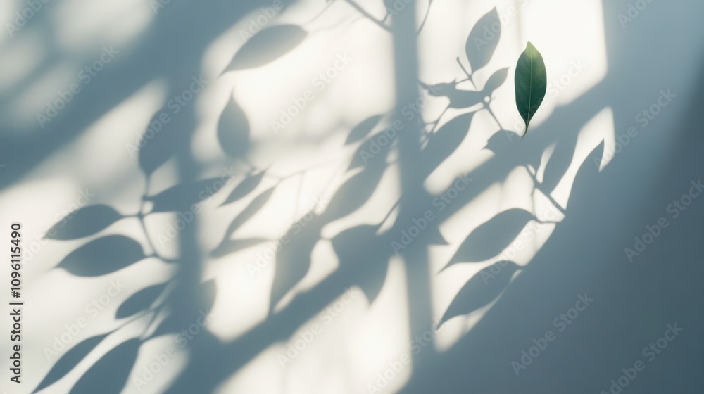 Abstract window pane shadows with leaf silhouettes overlaying on a white background, soft natural light effect Abstract window pane shadows with leaf silhouettes overlaying on a white background, soft natural light effect