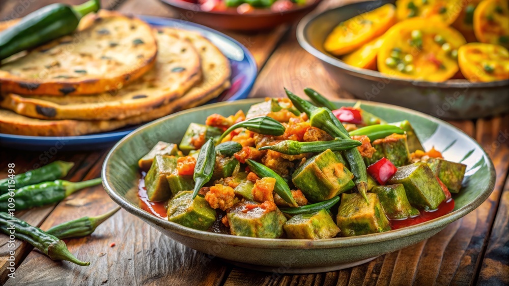 Homemade Bhindi Masala with Aloo Bhindi Served on a Plate with Indian Roti, Captured in a Beautiful Bokeh Effect for Culinary Delight Homemade Bhindi Masala with Aloo Bhindi Served on a Plate with Indian Roti, Captured in a Beautiful Bokeh Effect for Culinary Delight