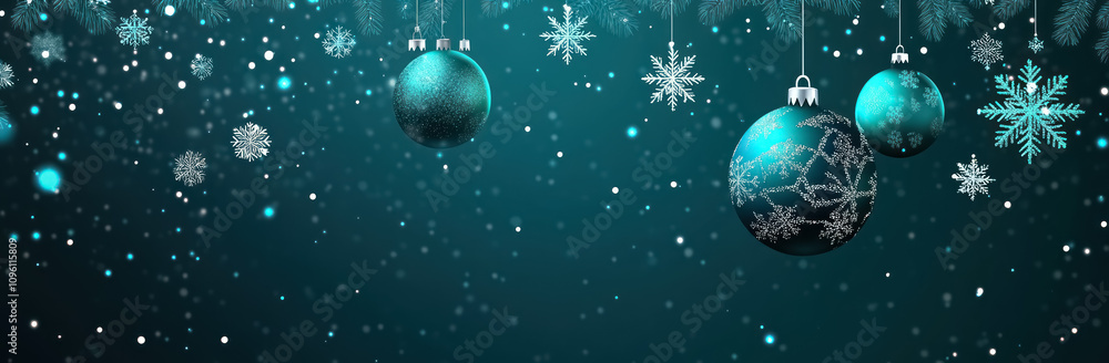 turquoise christmas baubles and snowflakes on festive winter background turquoise christmas baubles and snowflakes on festive winter background