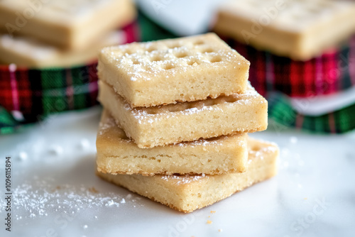 close up of buttery scottish shortbread with powdered sugar