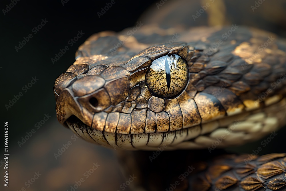 Close-up of a snake showcasing intricate scales and a striking eye. Close-up of a snake showcasing intricate scales and a striking eye.