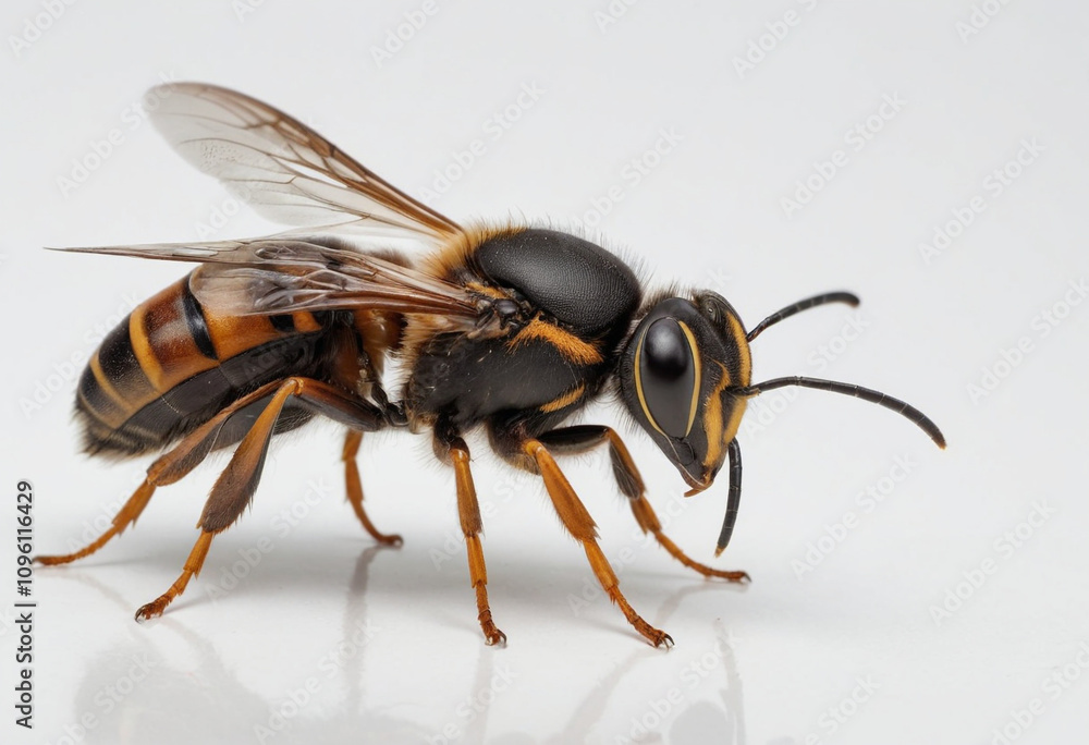standard Greater Banded Hornet right side view. Full figure visible, flat white background, no shadows, head and legs visible, ultra detailed, photorealistic 400mm lens, low angle standard Greater Banded Hornet right side view. Full figure visible, flat white background, no shadows, head and legs visible, ultra detailed, photorealistic 400mm lens, low angle