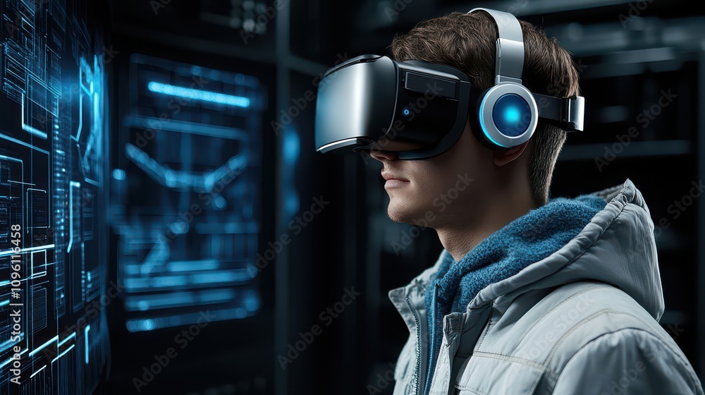 Young Man Immersively Experiences Virtual Reality with Futuristic Interface and Data Visualizations Young Man Immersively Experiences Virtual Reality with Futuristic Interface and Data Visualizations