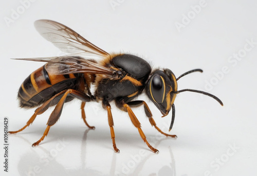  standard Greater Banded Hornet right side view. Full figure visible, flat white background, no shadows, head and legs visible, ultra detailed, photorealistic 400mm lens, low angle 