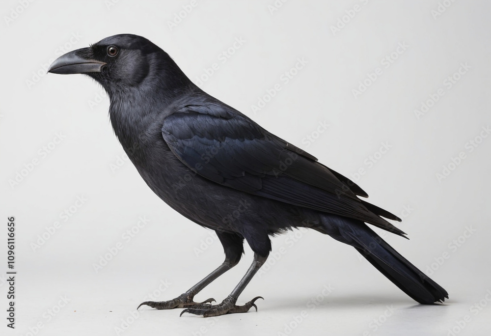 standard Jungle crow right side view. Full figure visible, flat white background, no shadows, head and legs visible, ultra detailed, photorealistic 400mm lens, low angle standard Jungle crow right side view. Full figure visible, flat white background, no shadows, head and legs visible, ultra detailed, photorealistic 400mm lens, low angle