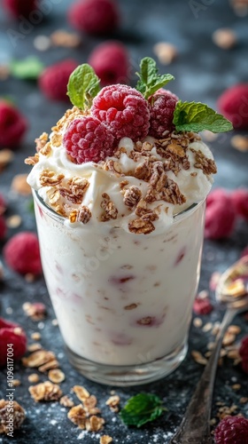 Delicious yogurt parfait with raspberries and granola, perfect for a healthy breakfast or snack. Fresh and appetizing presentation.