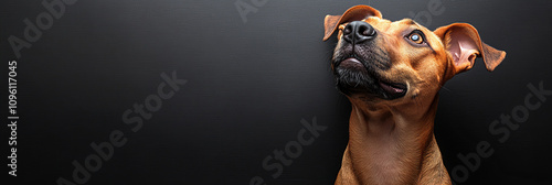 Close-up portrait of a dog on a dramatic black background, showcasing its unique expression, glossy fur, and attentive gaze in a minimalistic and elegant composition perfect for pet-related advertisin photo