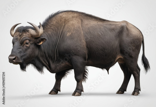  standard Wild Water Buffalo right side view. Full figure visible, flat white background, no shadows, head and legs visible, ultra detailed, photorealistic 400mm lens, low angle  photo