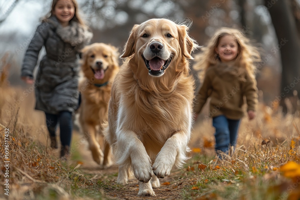 A cheerful family walking their newly adopted dog on a sunny day. Generative AI