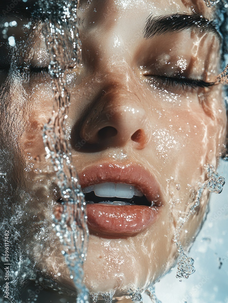 Close-up of a woman washing her face, water splashes sparkling under bright light, soft smile, pure white background Close-up of a woman washing her face, water splashes sparkling under bright light, soft smile, pure white background