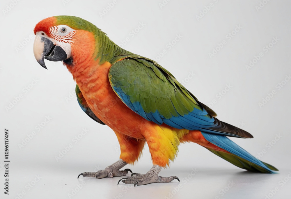 Obraz premium standard Colorful parrot right side view. Full figure visible, flat white background, no shadows, head and legs visible, ultra detailed, photorealistic 400mm lens, low angle 