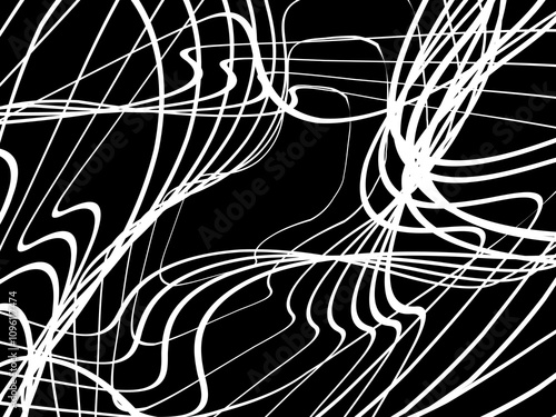 White tangled thread background. Circular abstract pen stroke vector illustration, on black background. Tangled scribbles hand drawn doodles. Vector illustration isolated on black background.