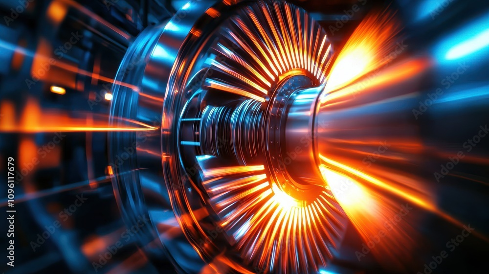 Obraz premium green energy hydropower energy storage Concept. A vibrant, close-up view of a futuristic turbine, showcasing intricate metallic components and dynamic light reflections.