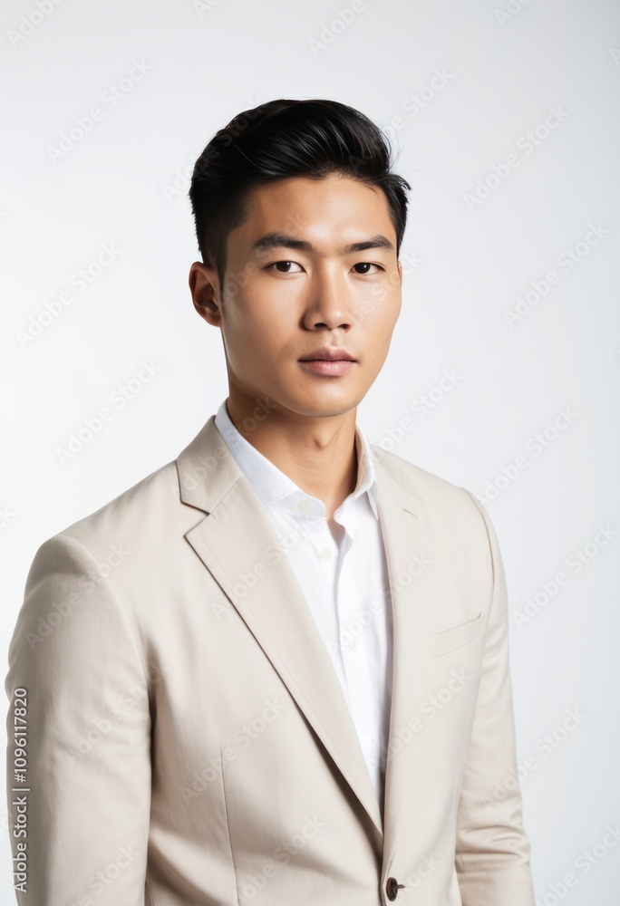 Young Asian man, professional headshot, beige suit jacket, white collared shirt, short black hair, neutral expression, studio lighting, clean background, business portrait, modern style, high-resoluti Young Asian man, professional headshot, beige suit jacket, white collared shirt, short black hair, neutral expression, studio lighting, clean background, business portrait, modern style, high-resoluti