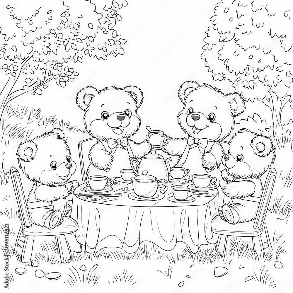 A charming tea party with stuffed animals, coloring page for kids, simple outline illustration. Coloring book, simple lines. A charming tea party with stuffed animals, coloring page for kids, simple outline illustration. Coloring book, simple lines.