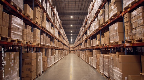 Cardboard Boxes Stacked High on Shelves in a Warehouse