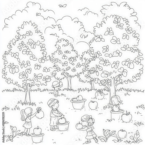 A vibrant orchard with kids...