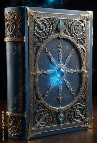 An ancient book of magic radiating unprecedented grandeur. Decorated with precious stones in intricate patterns with particles of magical energy. 