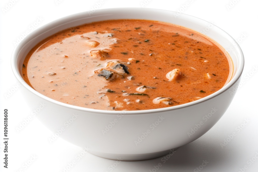 A bowl of creamy soup with herbs and chunks of meat, inviting and warm. A bowl of creamy soup with herbs and chunks of meat, inviting and warm.
