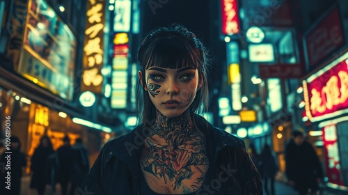 Cyberpunk girl with glowing tattoos, illuminated by neon signs in a bustling urban cityscape at night