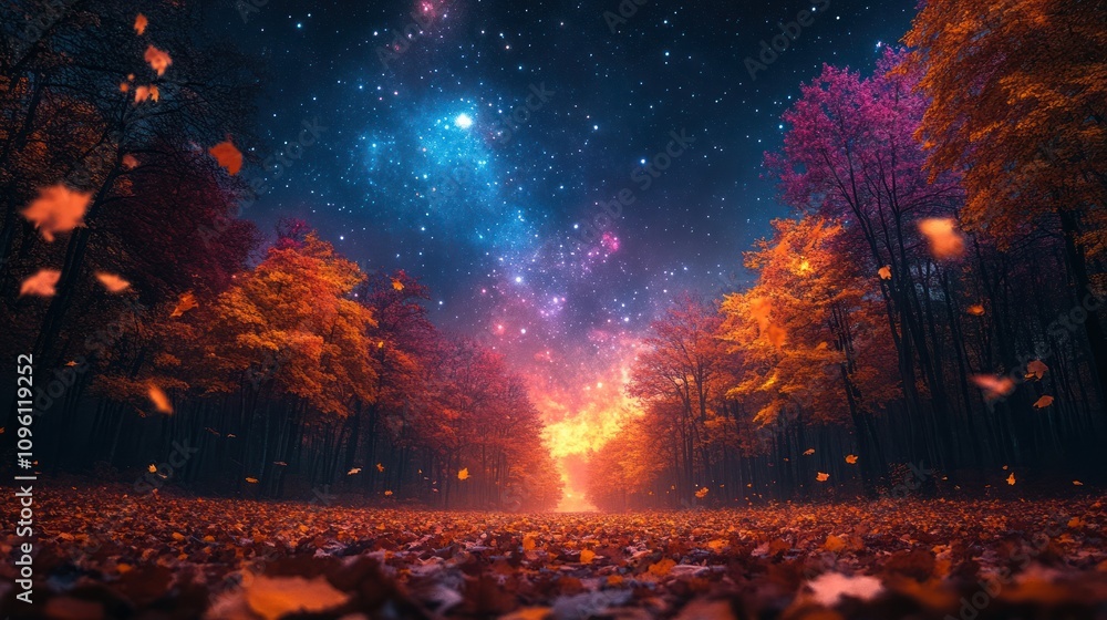 Obraz premium Enchanting Autumn Forest Path Under a Starry Sky and Milky Way Glow with Falling Leaves