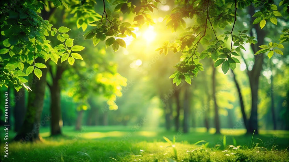 Fototapeta premium Lush Green Nature Background with Sunlit Trees in the Park, Perfect for Calm and Tranquil Scenes, Featuring Soft Focus and Copy Space for Text or Design Elements