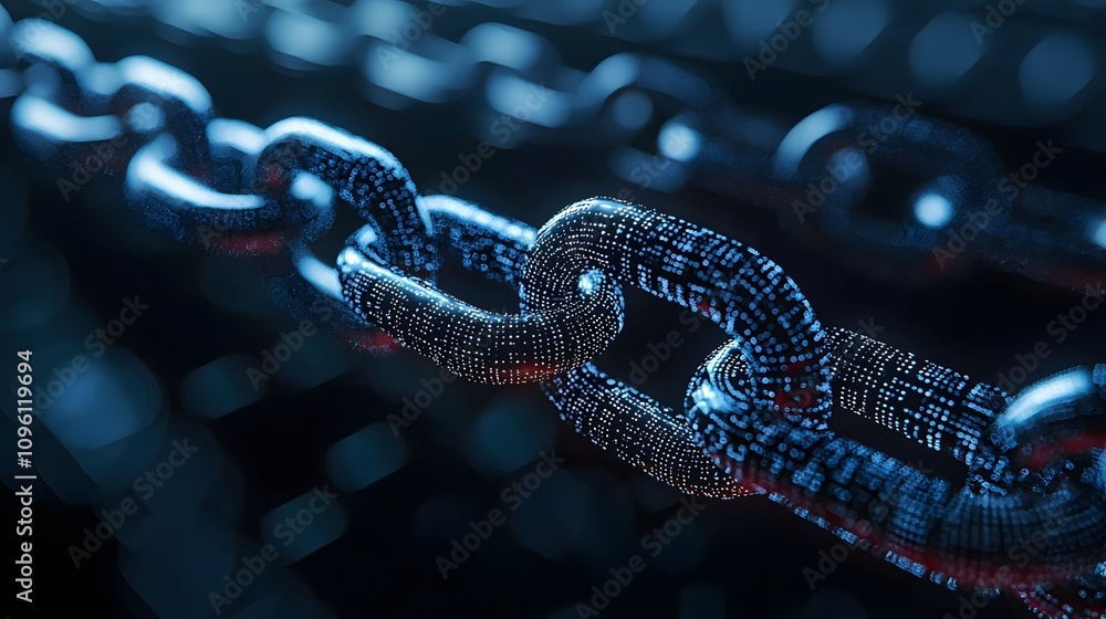 Detailed Close-Up of a Futuristic Chain Link Made of Digital Particles, Reflecting Light with a Complex Background of Gradients and Textures Detailed Close-Up of a Futuristic Chain Link Made of Digital Particles, Reflecting Light with a Complex Background of Gradients and Textures