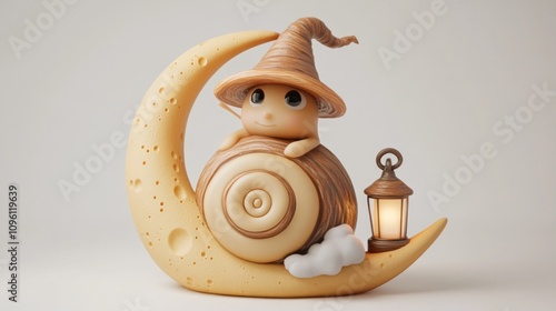 A whimsical figure of a snail wearing a wizard hat, resting on a crescent moon with a lantern. photo