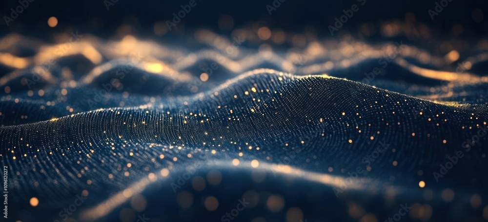 Abstract representation of waves with shimmering particles, evoking a sense of depth and motion. Abstract representation of waves with shimmering particles, evoking a sense of depth and motion.