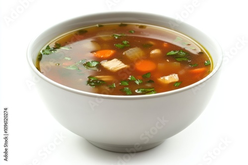 A bowl of hearty vegetable soup with chunks of meat and herbs, perfect for nourishment.