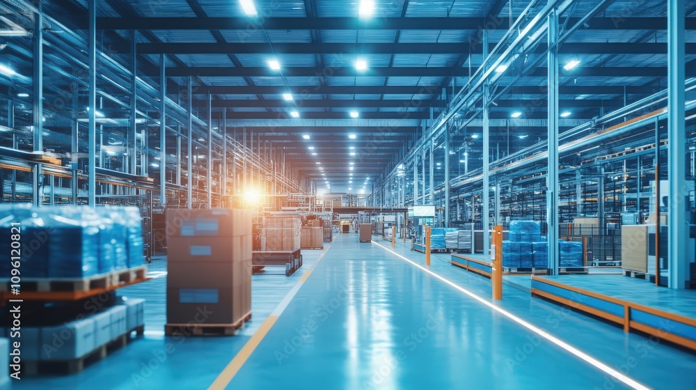 Fototapeta premium An Empty Modern Factory Floor with a Conveyor System