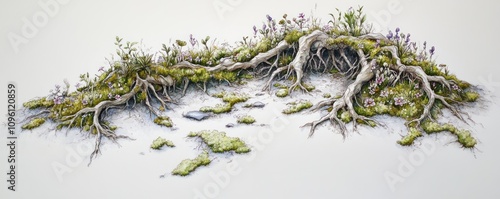 A detailed illustration of intertwined roots and greenery, showcasing nature's intricate beauty. photo