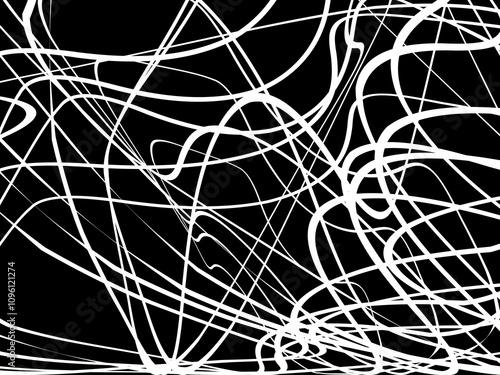 White tangled thread background. Circular abstract pen stroke vector illustration, on black background. Tangled scribbles hand drawn doodles. Vector illustration isolated on black background.