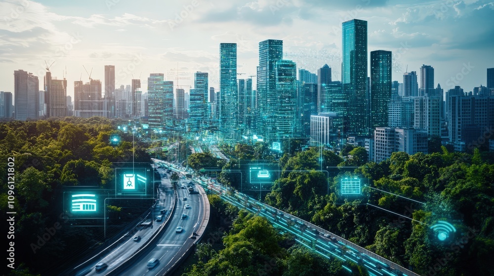 Obraz premium Smart City Skyline Integrated Technology And Nature