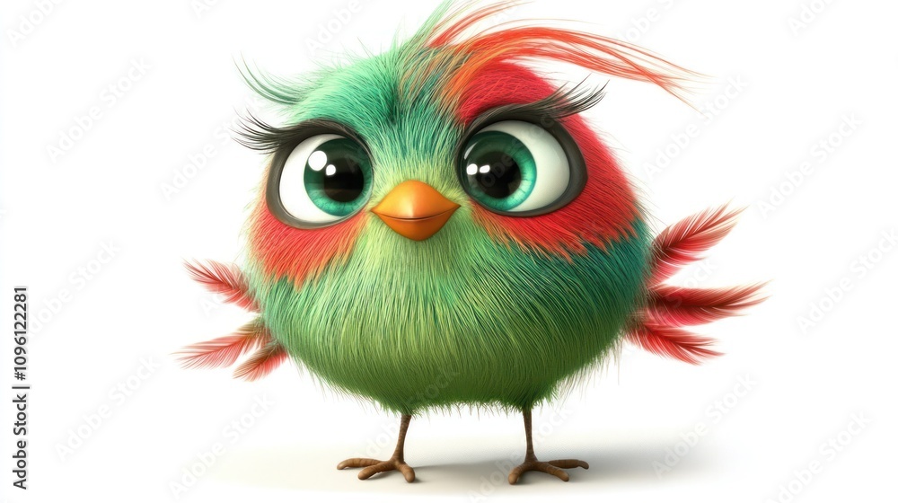 Bright and Cheerful Cartoon Bird with Big Eyes and Colorful Feathers on a Clean White Background Bright and Cheerful Cartoon Bird with Big Eyes and Colorful Feathers on a Clean White Background