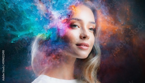 Ethereal Double Exposure Fantasy Portrait of a Beautiful Woman in Vibrant Colors - Abstract Art Combining Surreal Beauty and Digital Creativity with a Colorful, Dreamlike Atmosphere