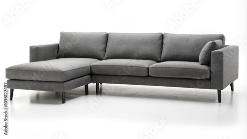 Minimalist Dark Grey L Shape Sofa with Black Wooden Legs Isolated on White Background for Contemporary Furniture Series Photography
