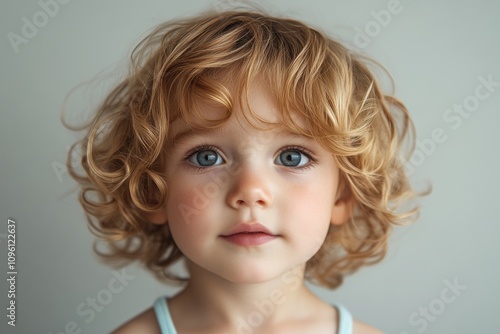 child portraiture, close-up of a childs innocent face with wispy hair and a gentle expression against a blank background