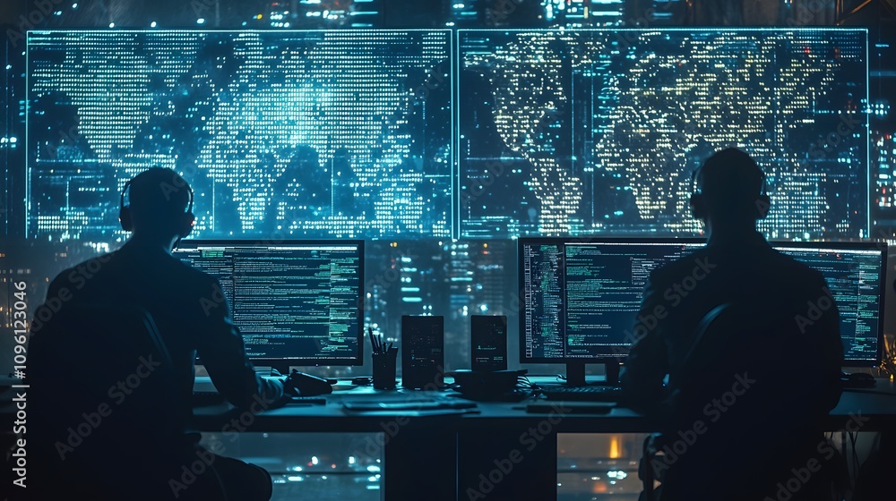 Two Programmers Analyzing Data in a High-Tech Office Environment with Multiple Monitors Displaying Global Information and Code Two Programmers Analyzing Data in a High-Tech Office Environment with Multiple Monitors Displaying Global Information and Code