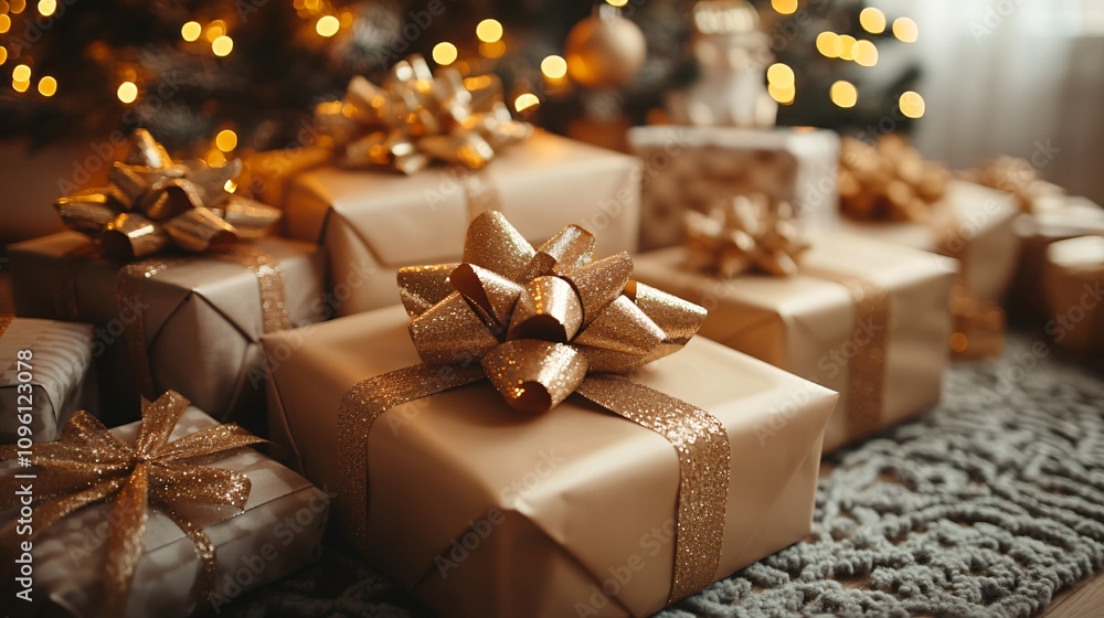 Close up of holiday gift under the Christmas tree Close up of holiday gift under the Christmas tree