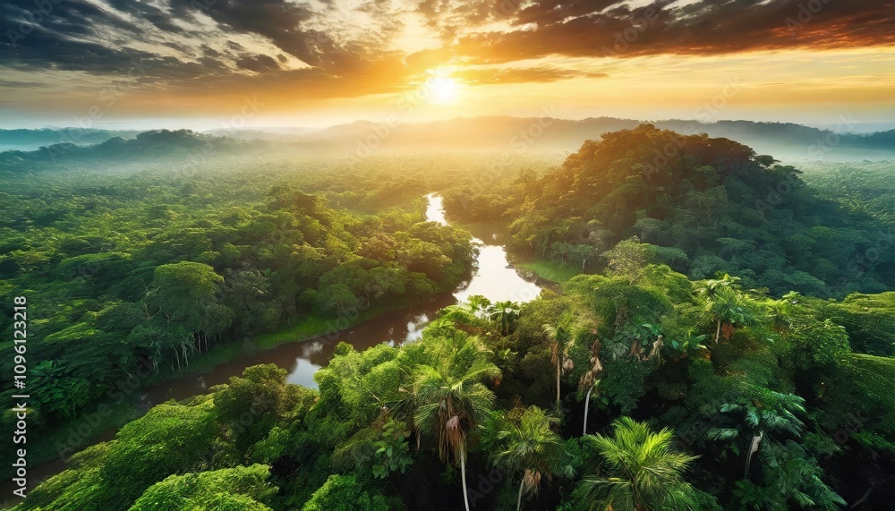 Breathtaking view of a lush Amazon rainforest landscape drenched in golden hues of sunset and sunrise, showcasing vibrant greenery, vast wilderness, and serene natural beauty. Breathtaking view of a lush Amazon rainforest landscape drenched in golden hues of sunset and sunrise, showcasing vibrant greenery, vast wilderness, and serene natural beauty.