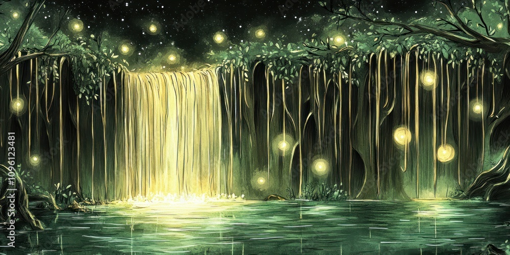 Naklejka premium A serene waterfall surrounded by glowing lights and lush greenery.