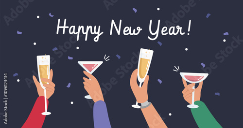 PrintRaised hands with drinks. Prothesis hand holding a glass of champagne. New Year holiday celebration. Vector illustration in flat style.