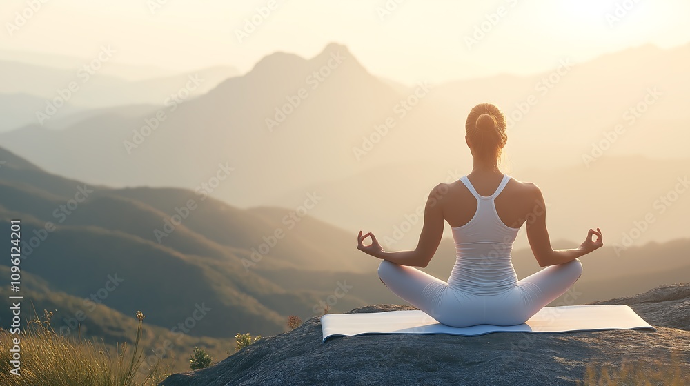 Woman performing yoga with copy space in mountains. Woman performing yoga with copy space in mountains.