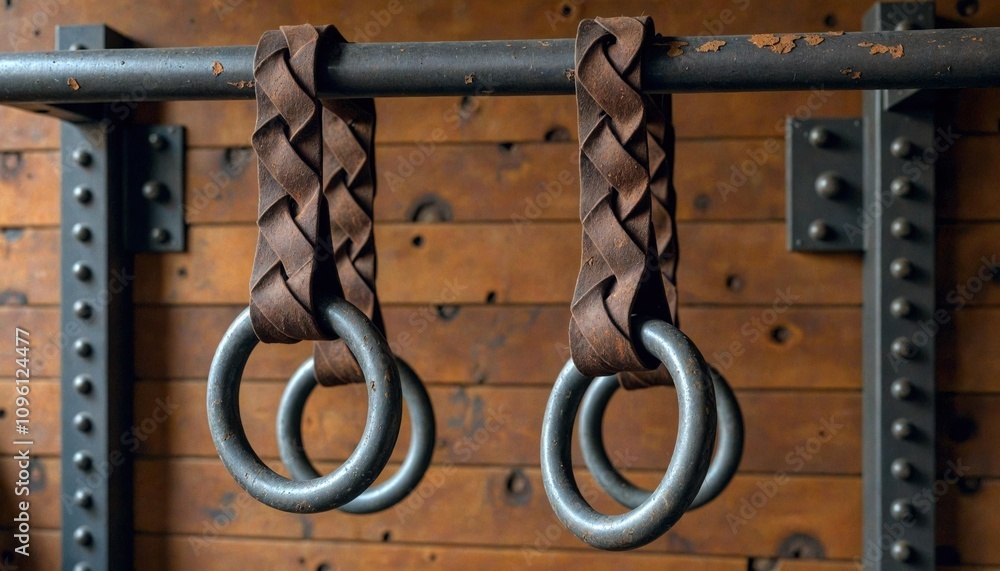 Rustic Exercise Rings on Industrial Frame Rustic Exercise Rings on Industrial Frame