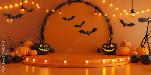 Halloween Decor with Pumpkins and Bats photo